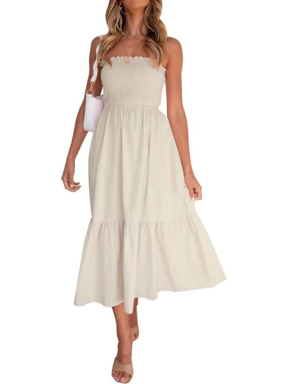 Women's Solid Beige Summer Boho Strapless Maxi Off Shoulder Smocked Flowy Dress